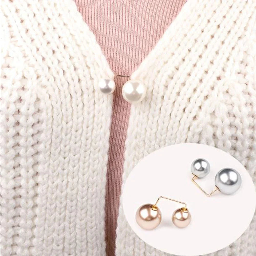 Double Pearl Brooch Pins: Women's Fashion Tightening Waistband Metal Lapel Pin for Sweaters, Shirts, and Cardigans