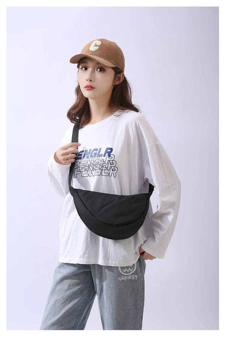 Solid Color Women's Portable Shoulder Bag – Simple Nylon Cloth Padded Crossbody Travel Purse & Messenger Bag