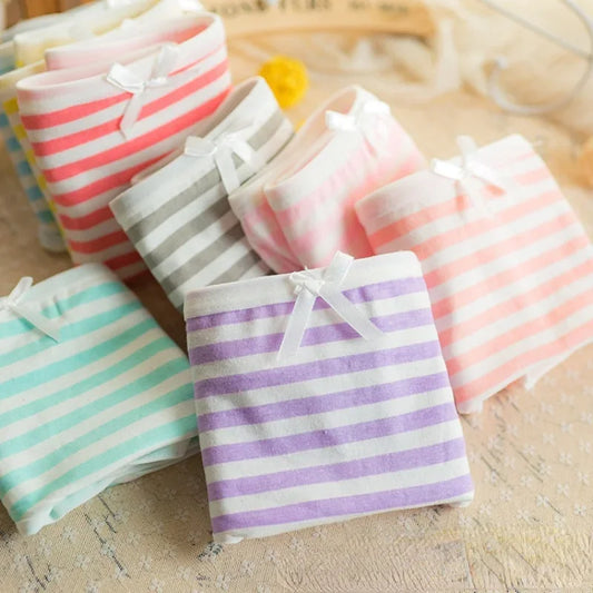Kawaii Lolita Girls' Intimate Panties – Japanese Anime Style Briefs with Bow, Cosplay Underwear in Blue, Pink, and White Stripes