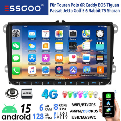 9" Android 15 Car Stereo - 6GB+128GB Wireless CarPlay GPS WiFi Bluetooth FM for VW