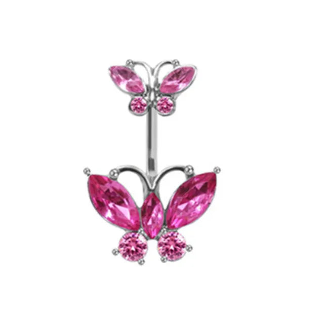 Pink Crown Belly Button Ring – Stainless Steel Heart Navel Piercing Barbell with Crystal for Women & Girls