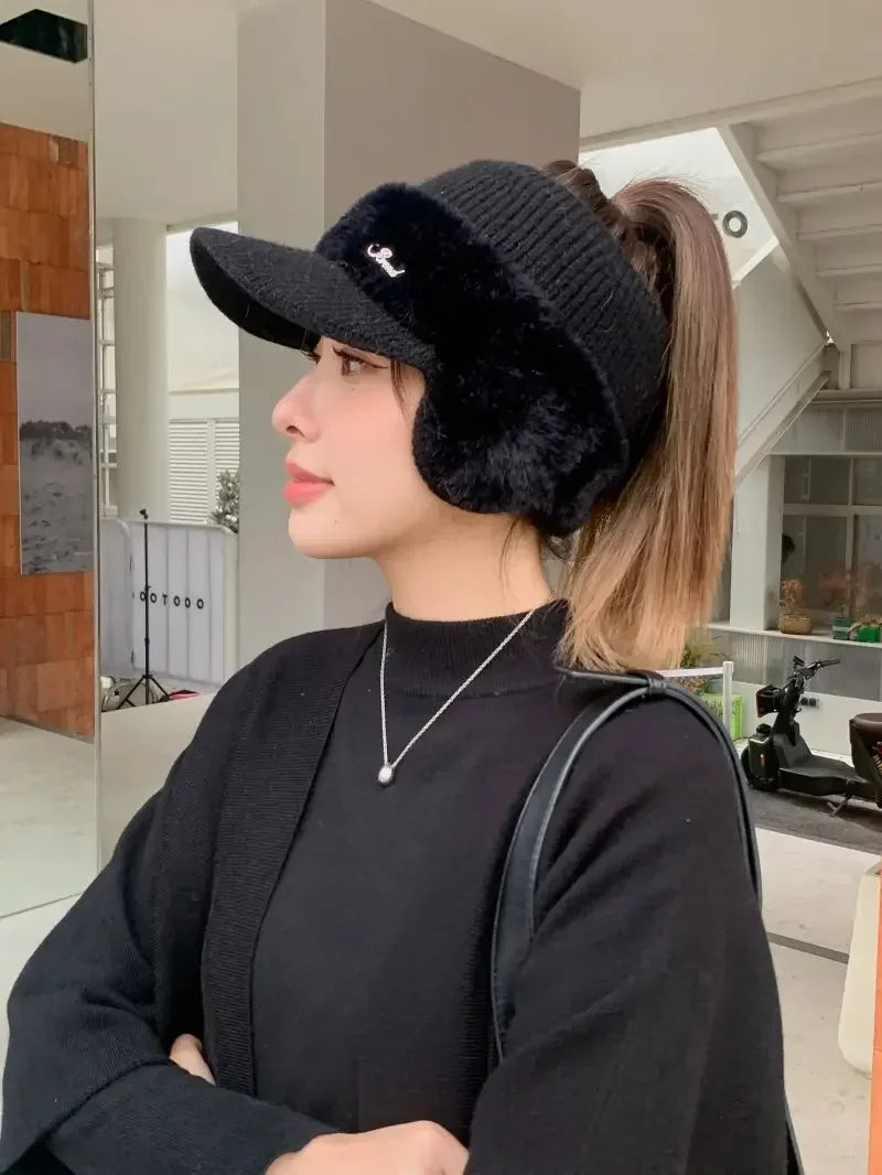 Winter Hats for Women 2023 – Fashionable Knitted Earflap Baseball Cap, Windproof Ponytail Visor for Outdoor Sports