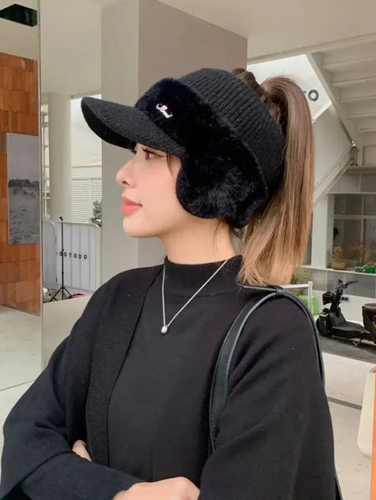 Winter Hats for Women 2023 – Fashionable Knitted Earflap Baseball Cap, Windproof Ponytail Visor for Outdoor Sports