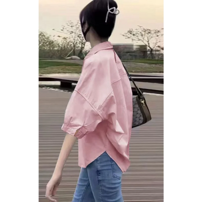 2025 Women’s Cotton Mid-Sleeve Loose Blouse – Casual Irregular Summer Shirt Korean Fashion
