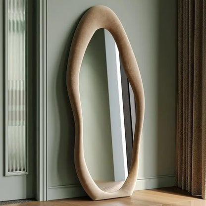 Full-Length Wall Mirror – 63"x24" Wavy Full Body Mirror with Flannel-Wrapped Wood Frame for Bedroom, Living Room & Cloakroom