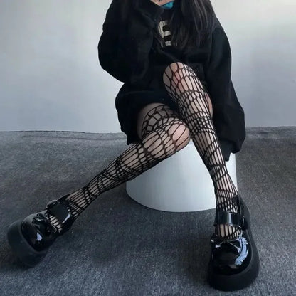 Lolita Gothic Fishnet Stockings - Black Sheer Over Knee Tights for Women