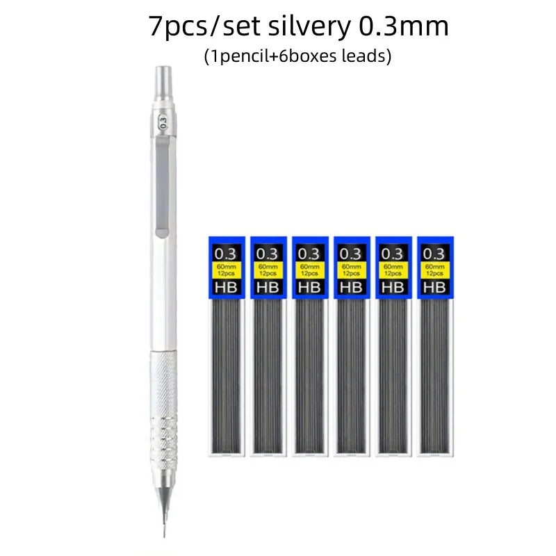 Low Center of Gravity Metal Mechanical Pencil Set – 0.3–2.0mm Lead Refills for Art, Sketching, Painting, and Writing