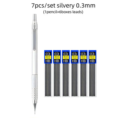 Low Center of Gravity Metal Mechanical Pencil Set – 0.3–2.0mm Lead Refills for Art, Sketching, Painting, and Writing
