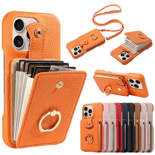 PU Leather iPhone Case with Ring & Card Slots – Anti-Fall Wallet Cover for iPhone 16 Pro Max, 15, 14, 13, 12, 11, 7, 8 Plus & 16e