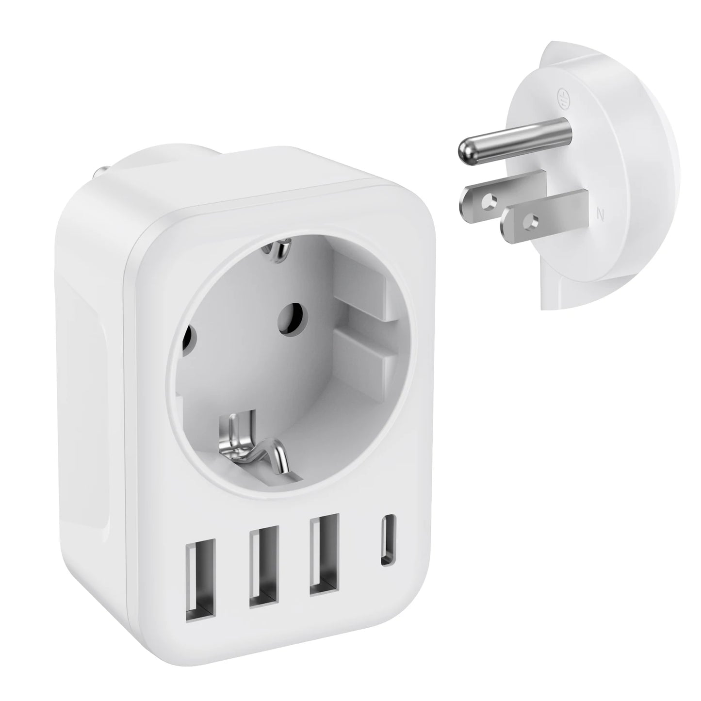 Travel Adapter USA to Europe — 3 USB + 1 Type-C Wall Socket Power Converter for America, Canada, Mexico