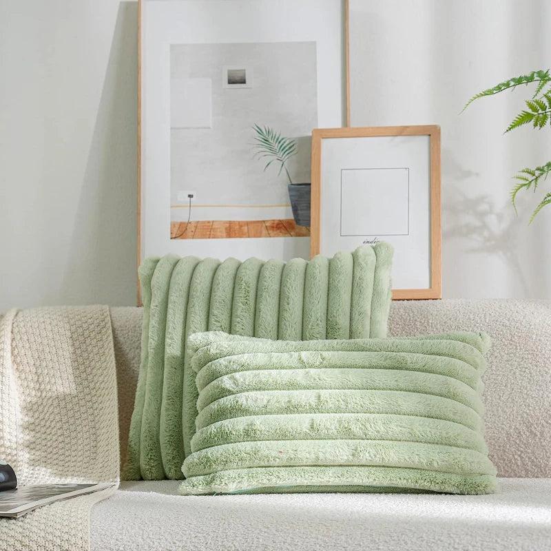 Faux Rabbit Fur Square Cushion Cover – Thick Striped Super Soft Solid Color Pillow, 45x45cm Sofa Decor