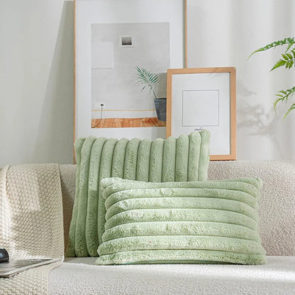 Faux Rabbit Fur Square Cushion Cover – Thick Striped Super Soft Solid Color Pillow, 45x45cm Sofa Decor