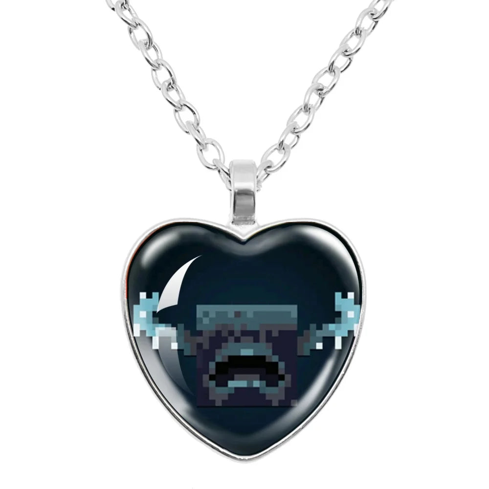 Funny Pixel Block Cartoon Pendant Necklace – 25mm Glass Heart-Shaped Charm, My World Theme Jewelry Gift