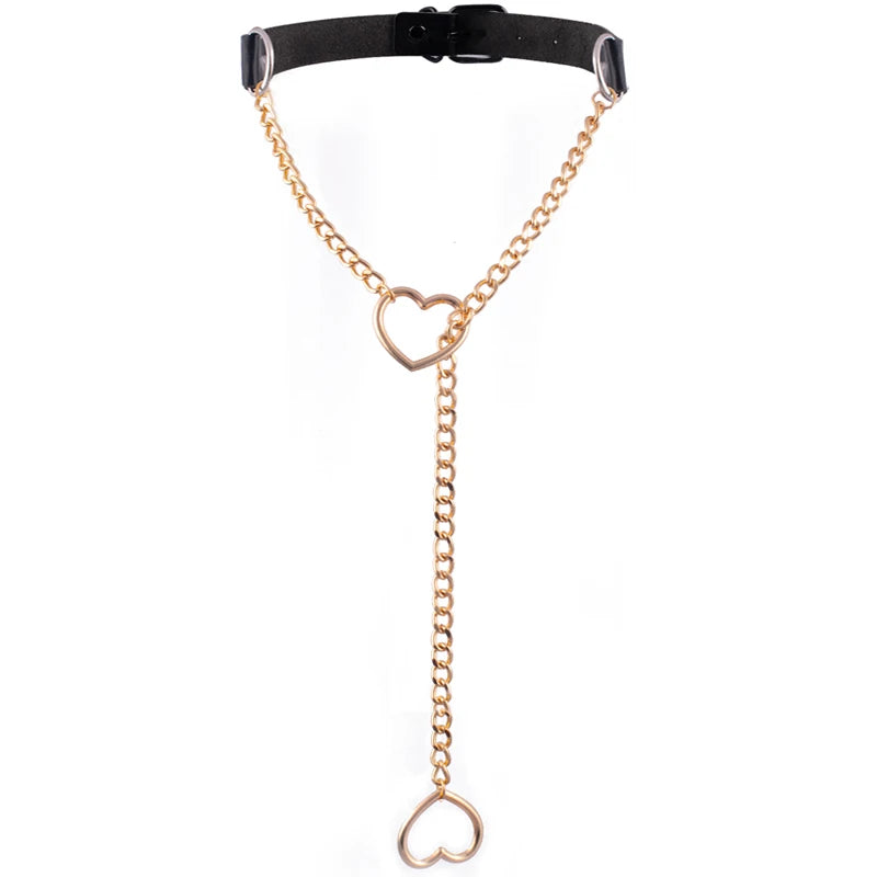 Heart Slip Chain Necklace – Black Leather Gothic Choker for Women, Punk & Goth Jewelry