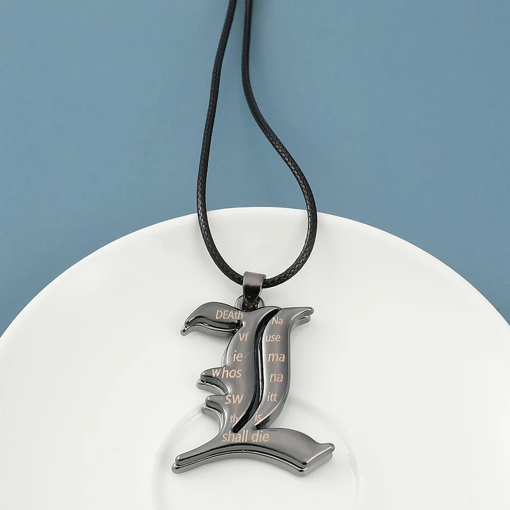 Death Note L Logo Pendant Necklace - Black Rope Leather Gothic Choker for Men and Women