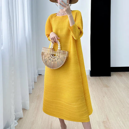 2023 Women's Miyake Pleated Long Dress – Full Sleeve, Round Neck, Korean Fashion, Plus Size Summer Style