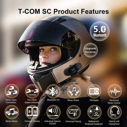 Freedconn T Com SC Bluetooth Motorcycle Intercom – Helmet Headset, Wireless Communication, BT 5.0, Music Share, 6 Riders, FM