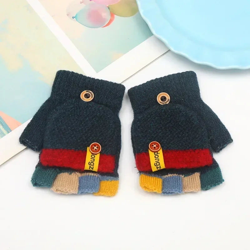 Kids’ Half-Finger Flip Gloves - Warm Jacquard Autumn Winter Gloves for Children and Students