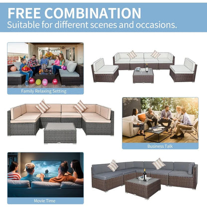 7-Piece Outdoor Patio Furniture Set with Cushions – PE Rattan Modular Sofa Set, Coffee Table & Pillows