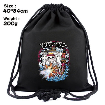 One Piece Luffy Anime Drawstring Backpack — Full-Color Cartoon Storage Bag with Pocket