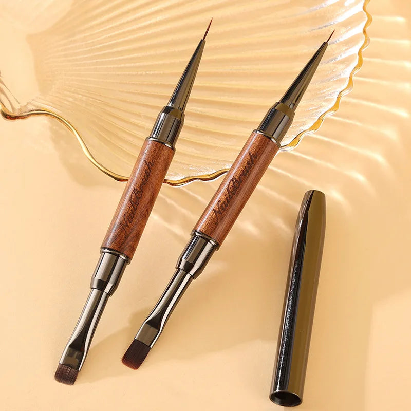 Double-Head Sandalwood Handle Nail Brush – Liner Brush Painting Pen, Gel Brush for Crystal Nail Art Manicure