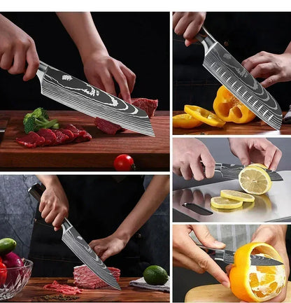 Japanese Santoku Kitchen Knives - Stainless Steel Cleaver, Slicing Knife, Boning Knife, Butcher Cleaver, Laser Damascus Knife