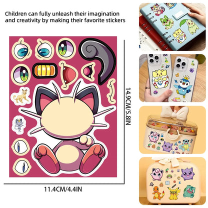 16-Sheet Pokémon Make-a-Face Puzzle Stickers - Pikachu & Charizard DIY Cartoon Matching Game for Kids