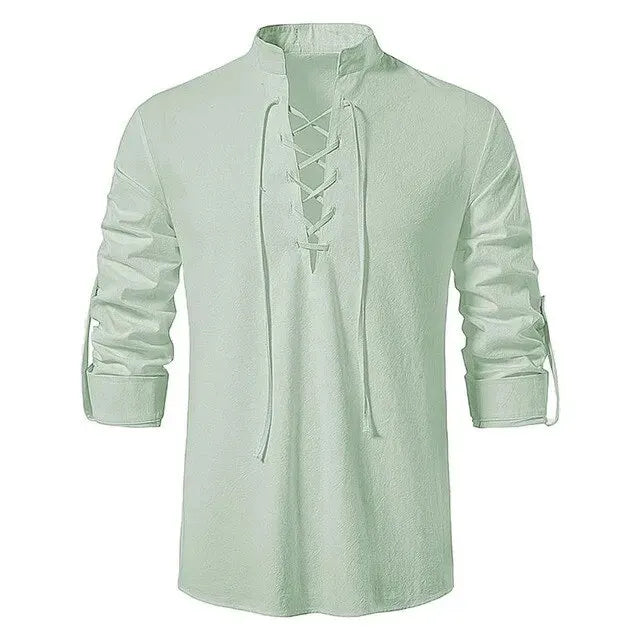Men’s Cotton Linen Long Sleeve Shirt - Vintage Casual Drawstring Neck Shirt for Spring & Autumn