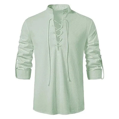 Men’s Cotton Linen Long Sleeve Shirt - Vintage Casual Drawstring Neck Shirt for Spring & Autumn