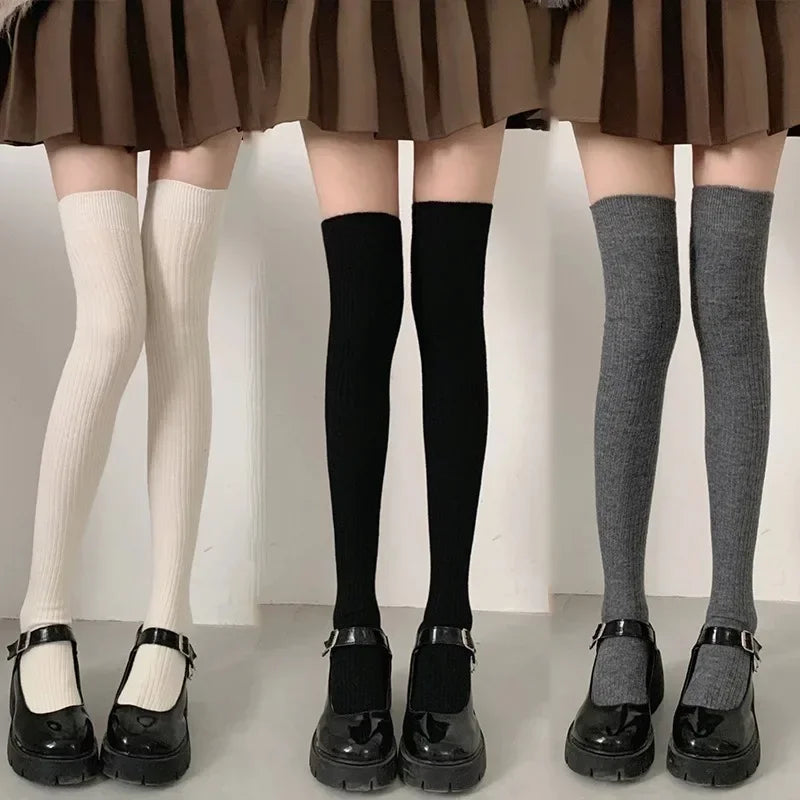 Thick Wool Thigh High Socks for Women - Warm Lolita Style Long Leg Stockings in Solid Colors for Autumn / Winter