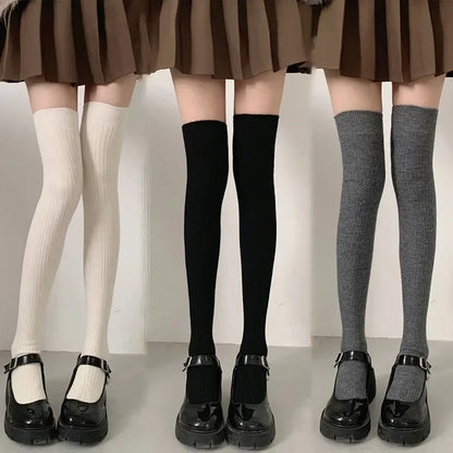 Thick Wool Thigh High Socks for Women - Warm Lolita Style Long Leg Stockings in Solid Colors for Autumn / Winter
