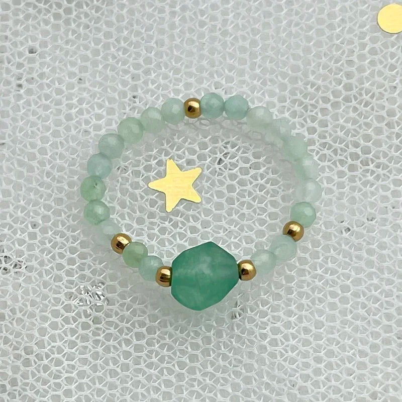 Natural Stone Beaded Rings for Women – Crystal Stainless Steel Elastic Handmade Fashion Ring Jewelry for Wedding & Party Wear