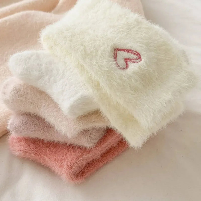 Thickened Pink Mink Fur Heart Embroidered Socks — Women’s Autumn Winter Warm Plush Mid-Tube Home Sleep Socks