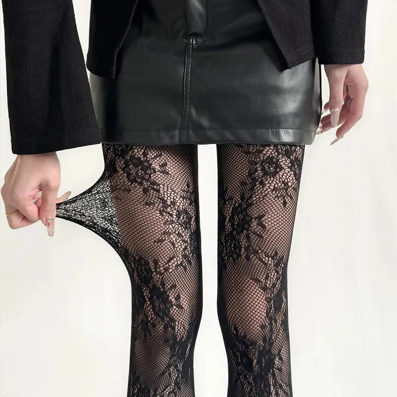Women's Floral Lace Mesh Pantyhose - Harajuku Hollow Out Tights with Rattan Pattern Fashion Hosiery
