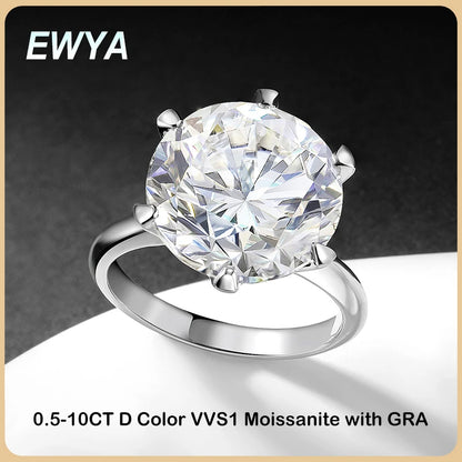 EWYA GRA Certified D Color Moissanite Solitaire Engagement Ring 0.5–10CT — 925 Sterling Silver Bridal Wedding Band for Women