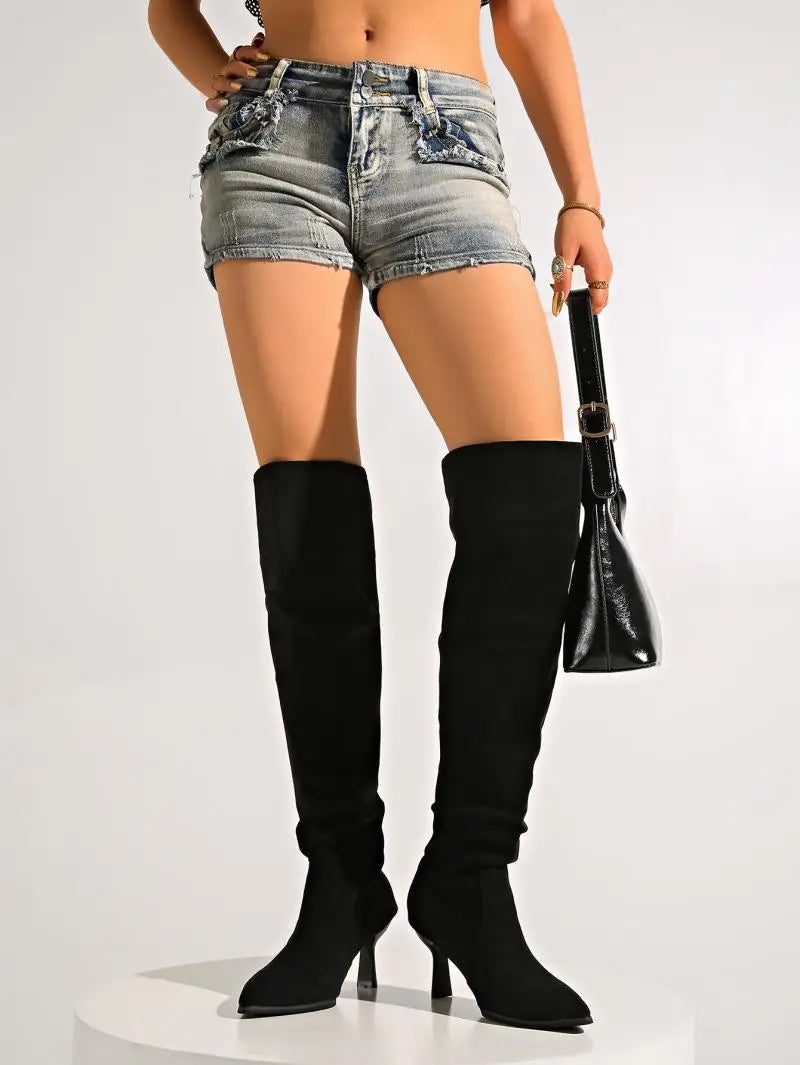 2025 Women’s Retro Black Suede Knee-High Boots – Pointed Toe, High Heel, Plus Size