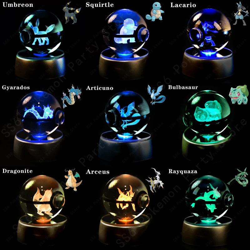 Pokemon Crystal Ball Night Light - 3D Pikachu, Gengar, Mew and Mewtwo Lamp Base, Glass Pokeball Figure, Birthday Gift