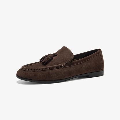 BEAUTODAY Women’s Casual Loafers – Suede Leather Tassel Slip-On Round Toe Flats, Handmade Business Shoes 26277