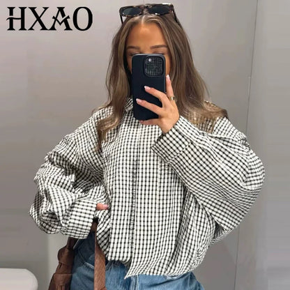HXAO Plaid Bomber Jacket for Women - Oversized Cropped Long Sleeve Zipper Jacket for Spring & Autumn Casual Wear