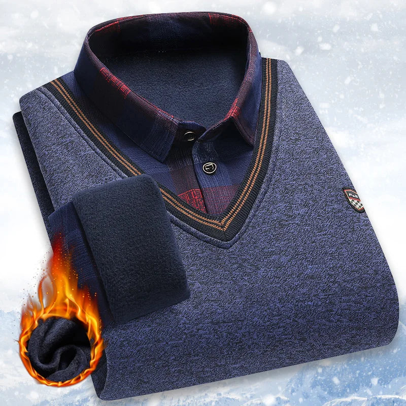 Men's Vintage Plaid Knit Sweater - Warm Fleece Polo Collar Winter Pullover