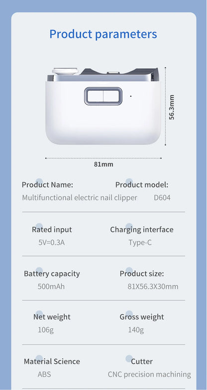 2-in-1 Electric Nail Clipper with Light - Type-C Rechargeable Manicure Machine, Portable Automatic Nail Cutter