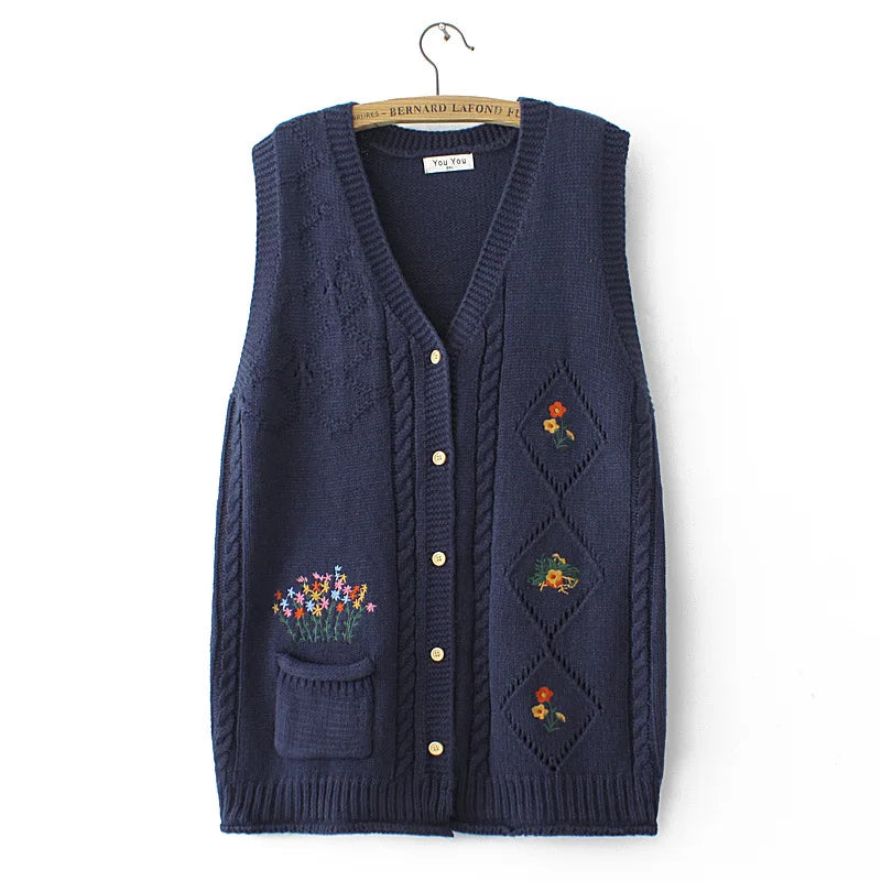 Plus Size Women's Embroidered Hollow Knit Sweater Vest – V-Neck Cardigan, Casual Autumn Fashion, E2 3023