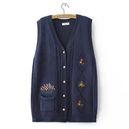 Plus Size Women's Embroidered Hollow Knit Sweater Vest – V-Neck Cardigan, Casual Autumn Fashion, E2 3023