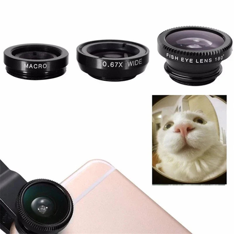 3-in-1 Fisheye Wide Angle Smartphone Camera Lens - Clip-On Macro & Zoom Lens for iPhone Xiaomi Redmi