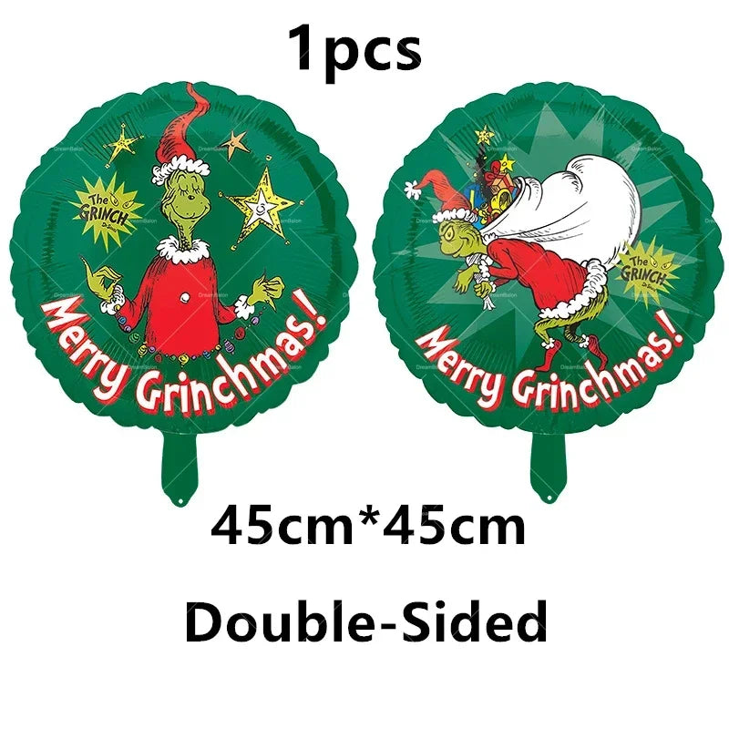 Grincs Christmas Party Balloon Decoration Set – Merry Xmas Banner Cake & Disposable Tableware Supplies Green Red