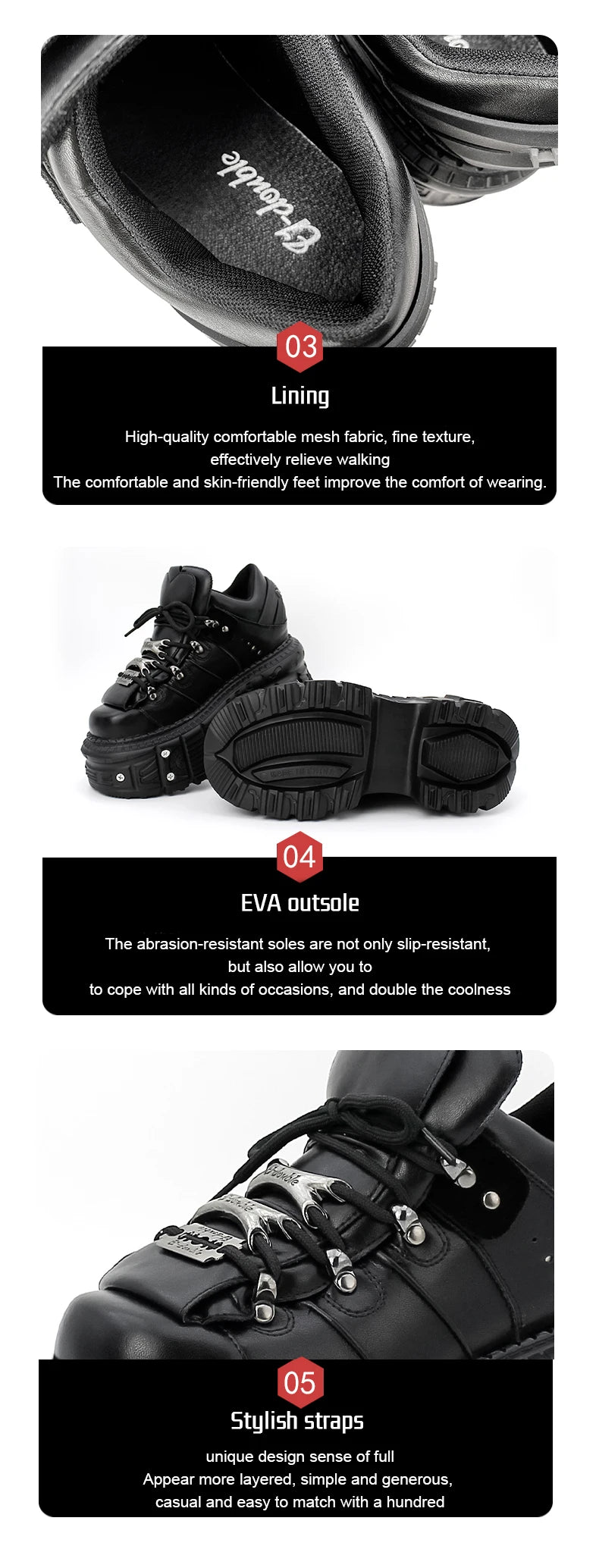 New Punk Style Lace-up Women’s Platform Boots with 6CM Heel, Gothic Rock Ankle Boots, Metal Decor Sneakers