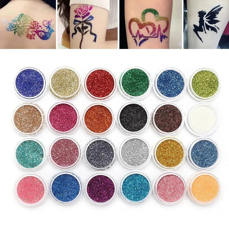 Temporary Glitter Tattoos Kit — 24 Colors with Glue & Stencils, Face & Body Makeup Set for Party & Music Festivals