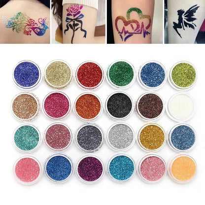 Temporary Glitter Tattoos Kit — 24 Colors with Glue & Stencils, Face & Body Makeup Set for Party & Music Festivals