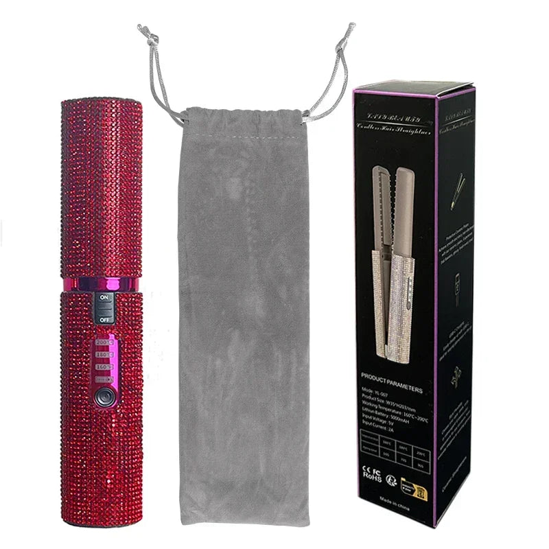 2-in-1 Wireless Hair Straightener & Curler – USB Rechargeable Diamond Design Styling Brush for Travel & Home