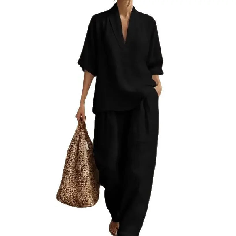 Women’s Linen Two Piece Set - 2026 Spring Summer Minimalist Solid Color European Style Casual Outfit